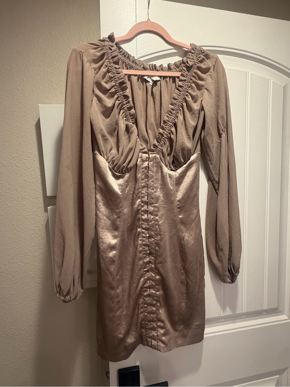 House of CB Taupe Long Sleeve Satin-Panel Ruched V-Neck Dress